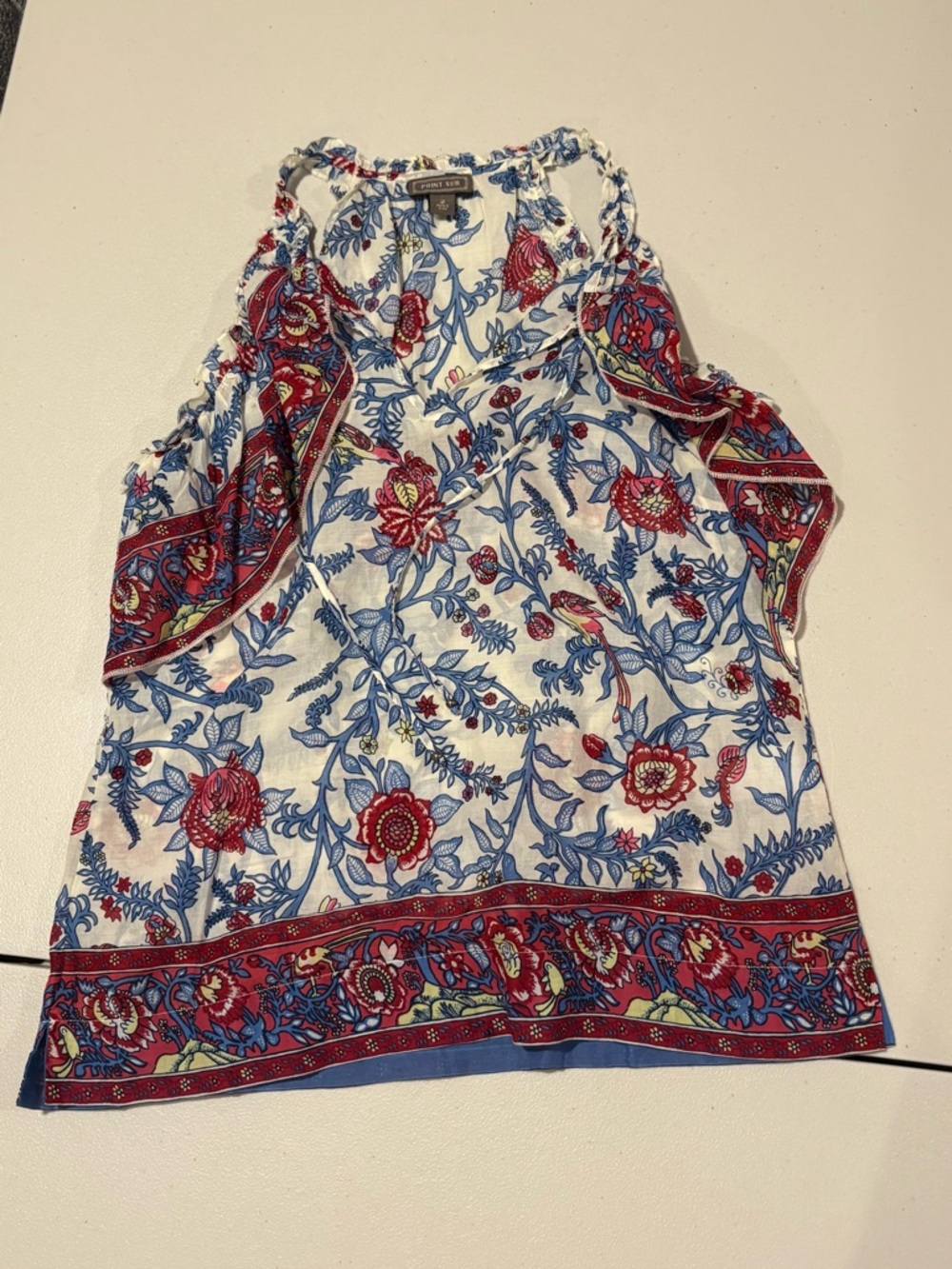 Point Sur J.Crew - Red blue floral sleeveless ruffled cotton tie neck top, sz 2